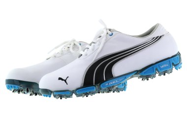 A pair of PUMA Cell Fusion Golf Shoe with replaceable spikes in blue color with forefoot clipart