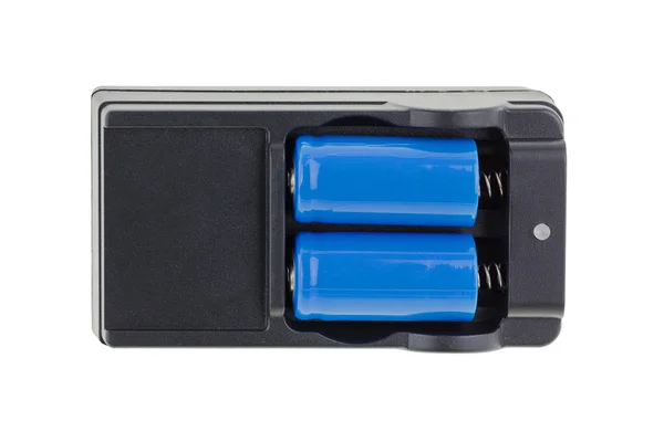 Blå W 16340 Li thium batteri, 1200 mah 3,7 V Li-ion med svart laddare — Stockfoto