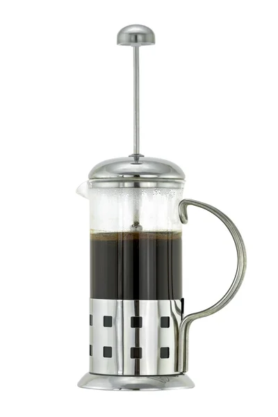 Серебряный металлический французский пресс кофейник с молотым кофе и горячей водой внутри — стоковое фото
