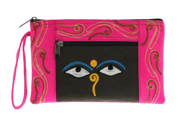 Pink bag with symbol Nepali Buddha Eyes — Stock Photo, Image