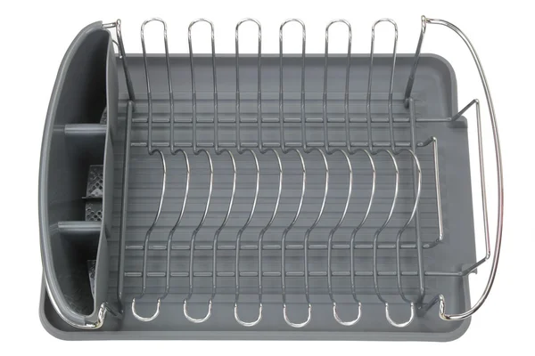 Aluminium maträtt hylla med en grå bricka — Stockfoto
