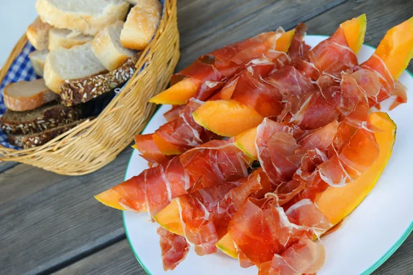 Prosciutto served with cantaloupe Melon — Stock Photo, Image