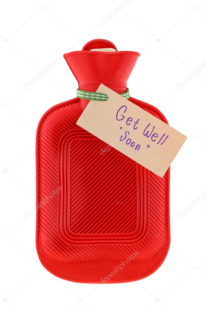 A red hot water bag with a paper written Get Well Soon
