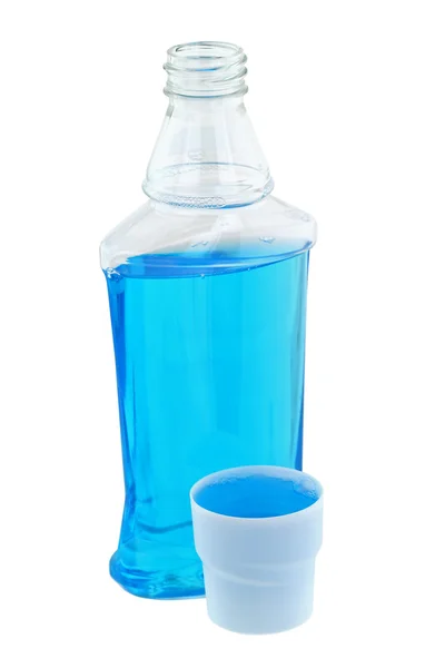 Light blue post brush antiseptic mouthwash liquid — Stock Photo, Image