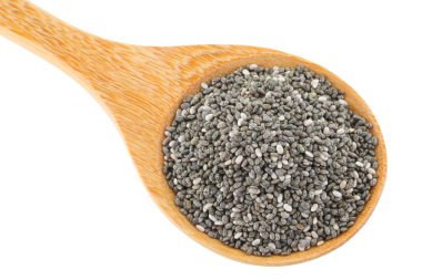 Bir tahta kaşık kuru Chia tohumları tam