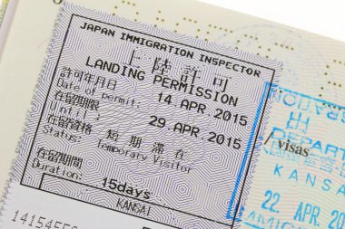 Japonya'da seyahat için bir pasaport damgası ile iniş izni etiket