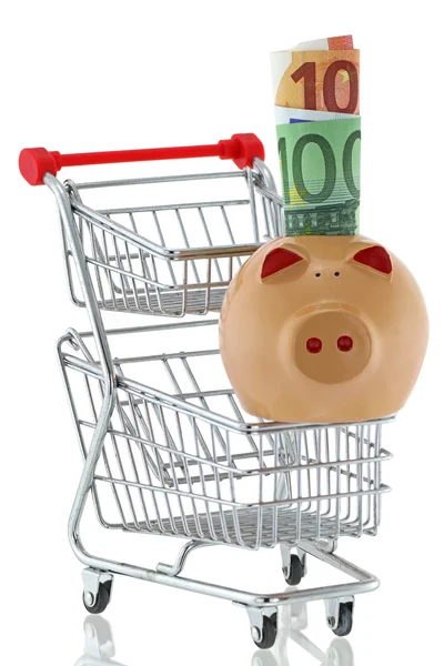 Schwein mit gerolltem Euro-Schein sitzt auf einem Einkaufswagen — Stockfoto