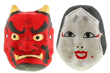 Beyaz izole geleneksel Japon Tiyatro maskeleri