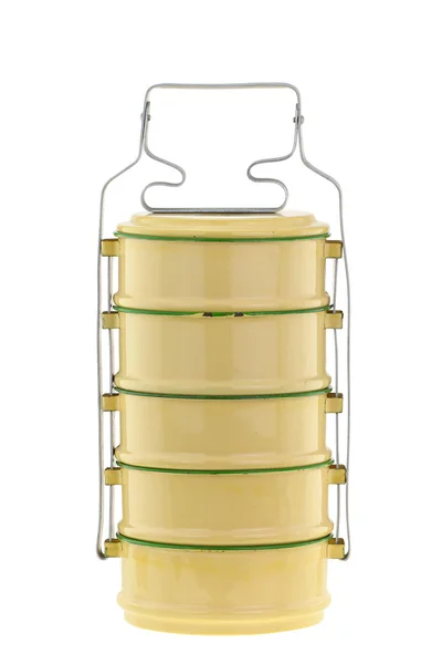Sztuka jedzenie metalowe przewoźnika, przewoźnik Tiffin, żółty i zielony — Zdjęcie stockowe