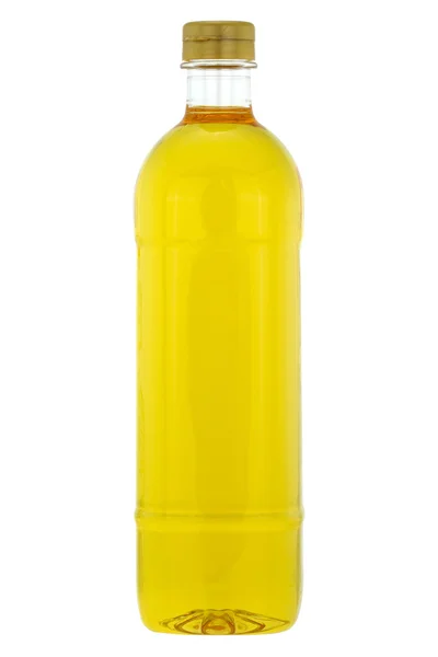 Una bottiglia di olio di crusca di riso, olio da cucina isolato su sfondo bianco — Foto Stock