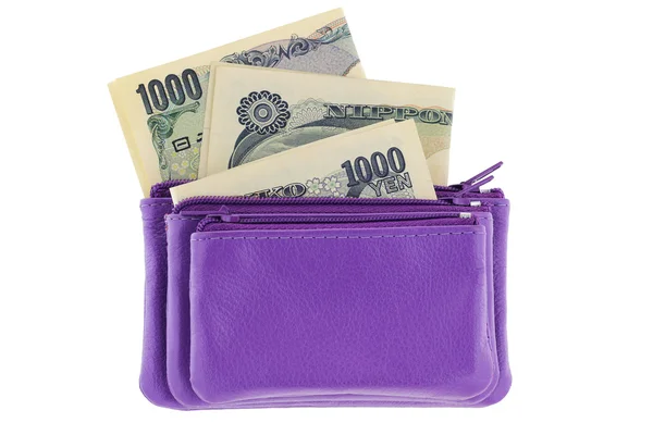 Pochette à monnaie à fermeture éclair en cuir multicouche violet avec billet de banque japonais Yen — Photo