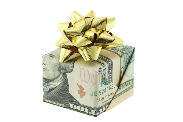 A gift box wrapped with United stated bills decorated with golden gift ribbon — Stock Photo, Image