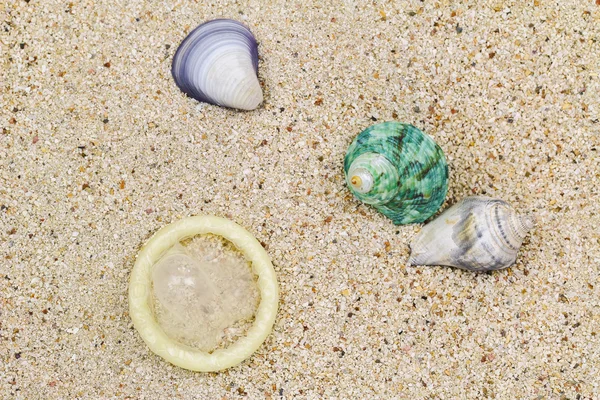Condom in cream color on the sand next to sea shells — Stock Photo, Image