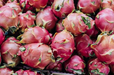 Parlak pembe derili canlı ejderha meyveleri, yaz ışığında parlayan bir market tezgahında istiflenir..