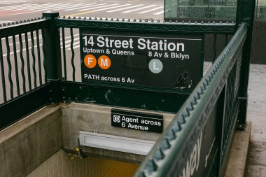 14. Cadde 'deki metro istasyonu tabelasında, Brooklyn' in yukarısına ve 6. Cadde 'nin karşısındaki PATH servislerine gidiş yönünü gösteriyor..