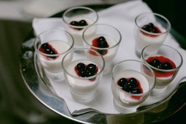 Küçük panna cotta frenk üzümü soslu ve meyveli..