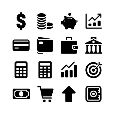 Finans Simgesi Ayarlandı. Vektör Tasarım Paketi Beyaz Arkaplanda izole edildi. Grunge Pullu Vektör İllüstrasyonu.
