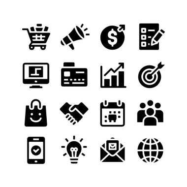 Pazarlama Simgesi Seti. Vektör Tasarım Paketi Beyaz Arkaplanda izole edildi. Grunge Pullu Vektör İllüstrasyonu.