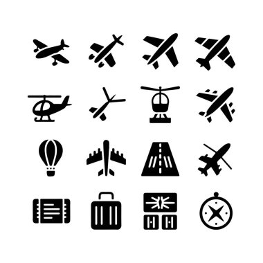 Uçak Simgesi Ayarlandı. Vektör Tasarım Paketi Beyaz Arkaplanda izole edildi. Grunge Pullu Vektör İllüstrasyonu.