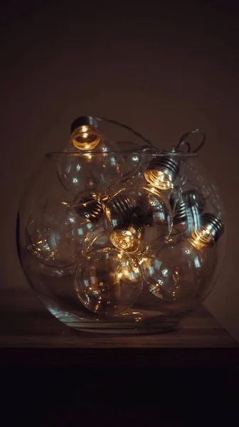 Electric garlands in the form of a light bulb in  transparent ball shine in the dark