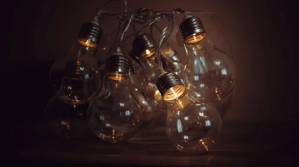 Electric garlands in the form of a light bulb shine in the dark