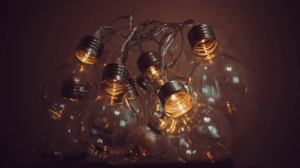 Electric garlands in the form of a light bulb shine in the dark