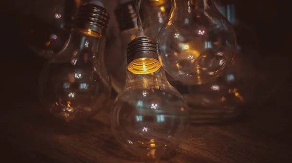 Electric garlands in the form of a light bulb shine in the dark