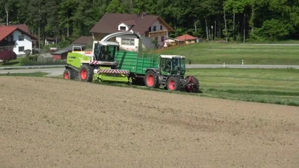 Trattore tirando una falciatrice erba swather taglio attraverso un campo di fieno — Video Stock