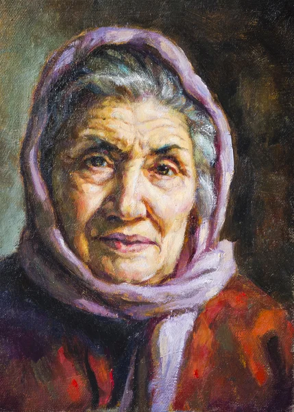 Oil portrait of a grandmother with her scarf — Stock Photo, Image