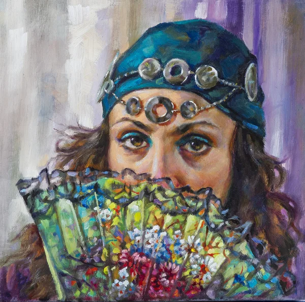 oil portrait of a young woman with her fan