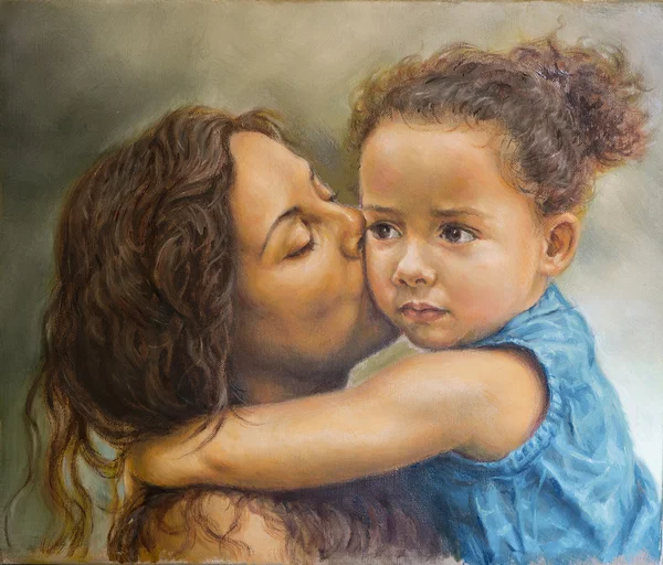 Painting of a young woman kissing a girl — Stock Photo, Image