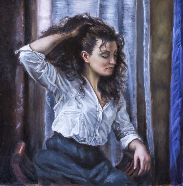 Painting of a young woman with her hand in her hair — Stock Photo, Image