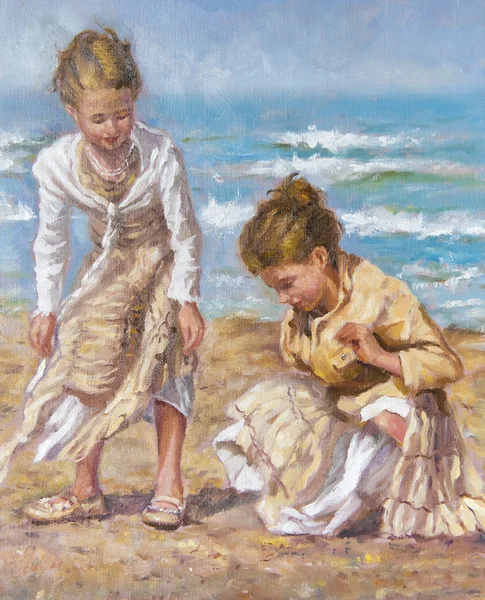 Huile sur toile de jeunes filles entre le sable — Photo