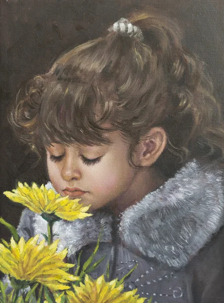 Oil on canvas of a girl next to flowers — Stock Photo, Image