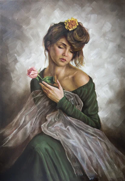 Oil on canvas of a young woman with a flower in her hair and green dress — Stock Photo, Image