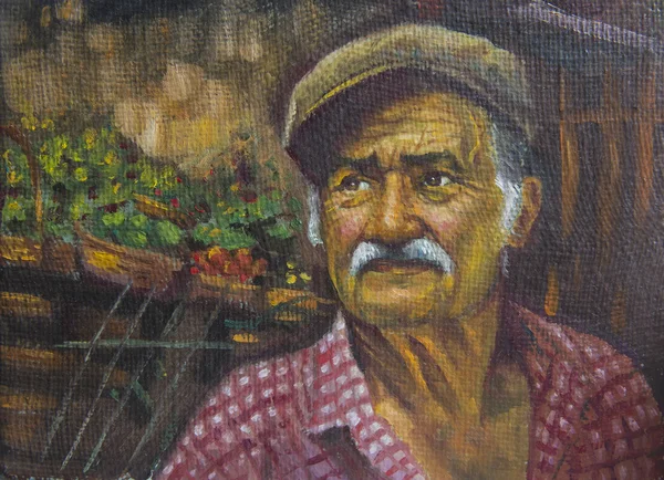 Oil portrait of senior man with his cap — Stock Photo, Image