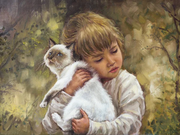 Oil on canvas of a girl hugging a kitten — Stock Photo, Image