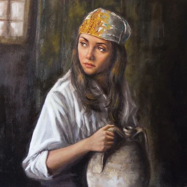 Oil on canvas of a woman with amphora — Stock Photo, Image