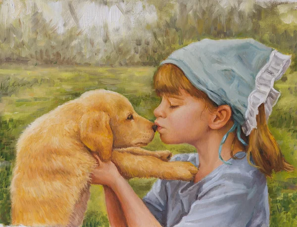Küçük bir kızın köpeğini ile üzeri yağlıboya