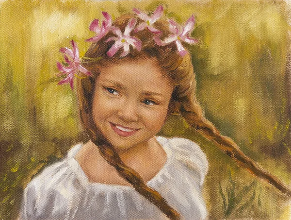 Olej na plátně šťastná holčička — Stock fotografie