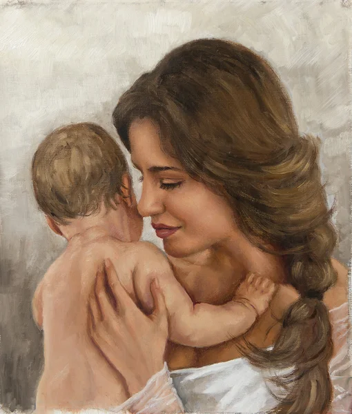 Huile sur toile d'une mère avec son bébé — Photo