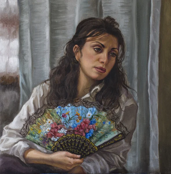 Масляный портрет молодой женщины с веером — стоковое фото