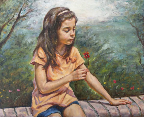 Pittura a olio su tela di una ragazza con il suo piccolo fiore — Foto Stock