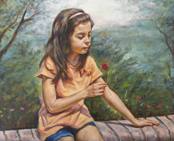 Olieverf op doek van een meisje met haar kleine bloem Stockfoto