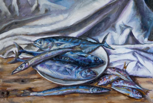 Pintura a óleo sobre tela de um prato com peixe — Fotografia de Stock