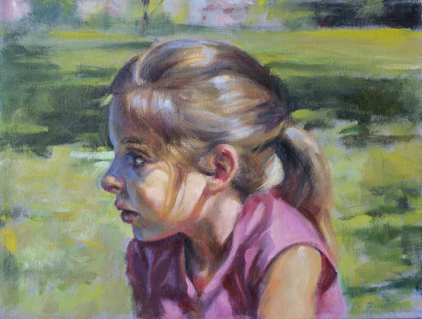 Portrait sur toile avec peinture à l'huile d'une petite fille Image En Vente