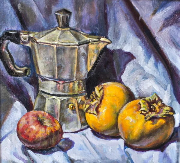 Café et fruits peints aux couleurs de l'huile Images De Stock Libres De Droits