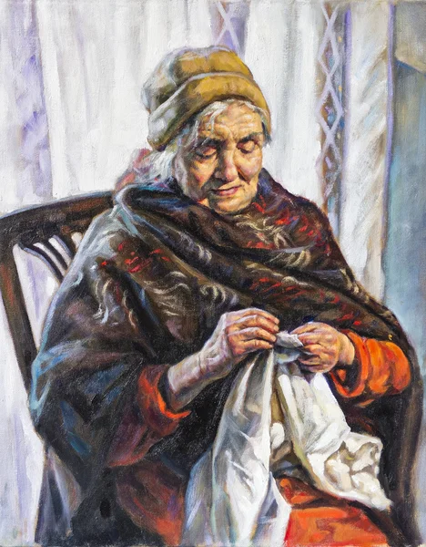 Oil portrait of a grandmother who sews — Stock Photo, Image