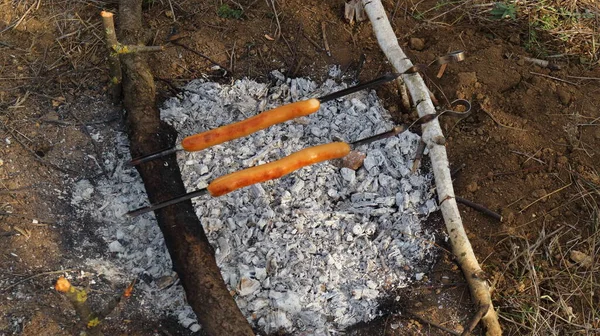 Doğada sosis pişirmek ateşte kızartılır.