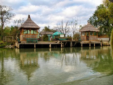 Reed kaplı kereste yapıları, Tuna Nehri 'nin kenarındaki kalasların üzerinde duruyor..